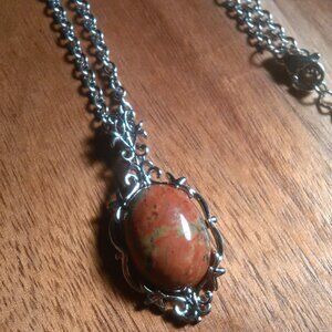 Unakite Silvertone Pendant Stainless Steel Necklace